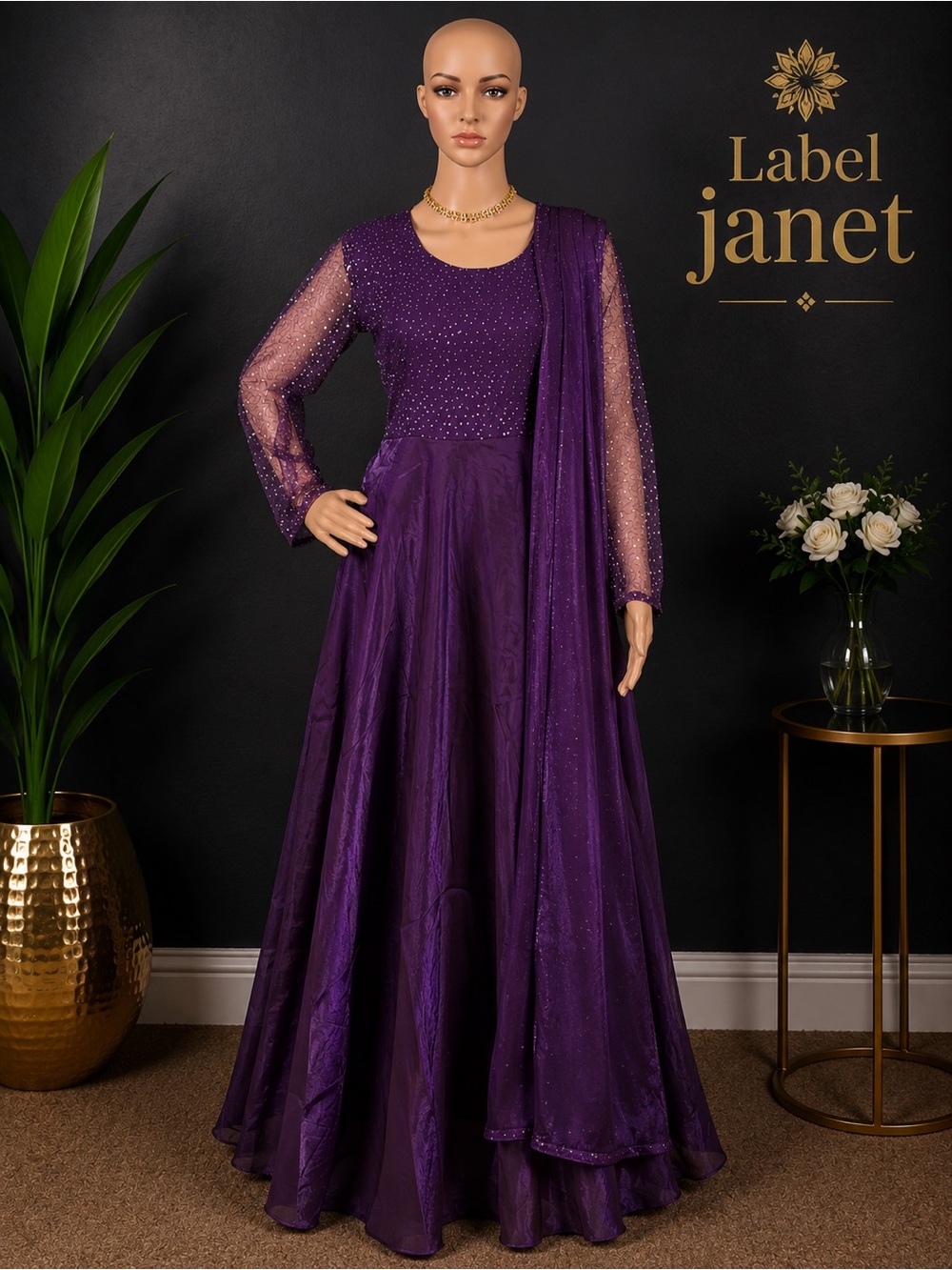 Brand new purple long gown with shawl & Belt for women,Size - M,L